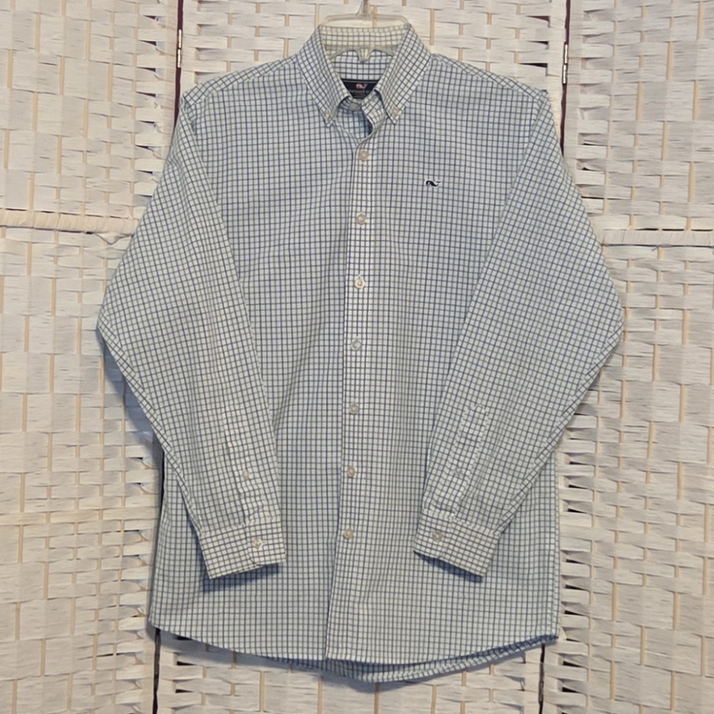 Vineyard Vines Boys' Green And Blue Checkered Button Down Shirt Size L-16